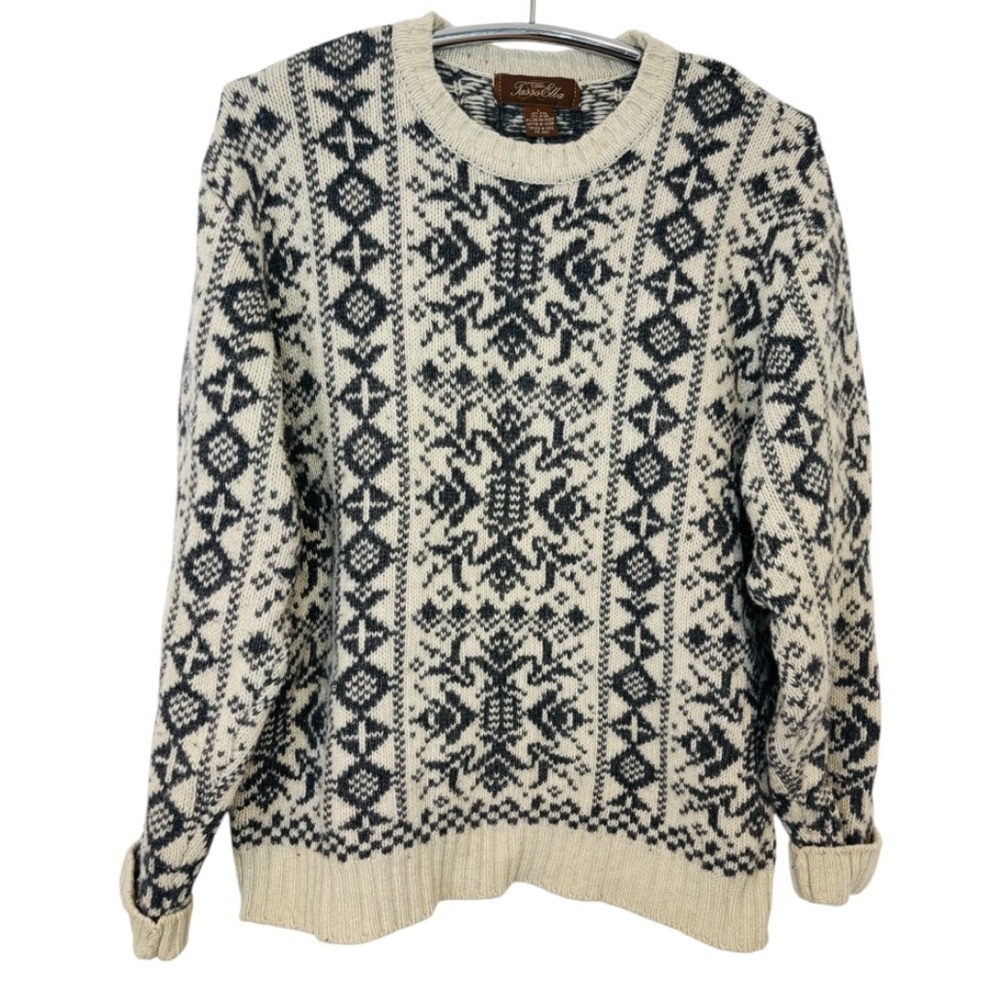 Wool Blend Tasso Elba Nordic Pattern Men’s Crewneck Sweater in Cream and Black